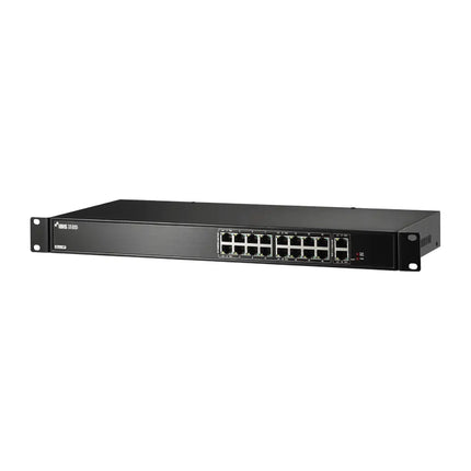 Front view of the IDIS DH-2018P 18-Port DirectIP Gigabit PoE Switch showing RJ45 service and uplink ports.