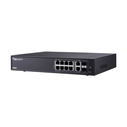 IDIS DH-2212PF 8-port DirectIP Gigabit PoE+ network switch front view with 2 RJ45 uplinks and 2 SFP fibre slots, 140W PoE budget, NDAA-aligned Made in Korea