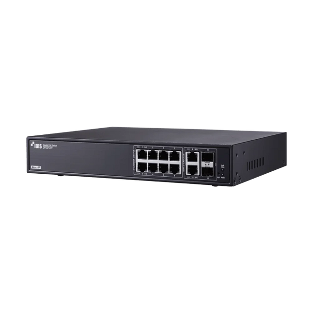 IDIS DH-2212PF 8-port DirectIP Gigabit PoE+ network switch front view with 2 RJ45 uplinks and 2 SFP fibre slots, 140W PoE budget, NDAA-aligned Made in Korea