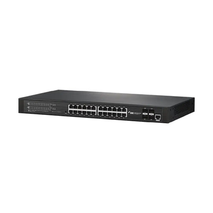 Front panel perspective of the NDAA-compliant IDIS DH-2328PF-A 24-port DirectIP managed Gigabit PoE switch in a rugged black enterprise-grade rackmount housing.