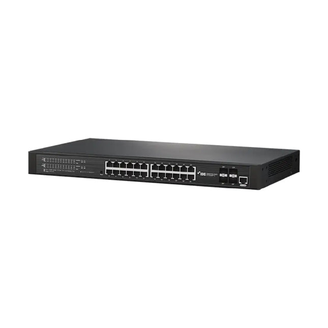 Front panel perspective of the NDAA-compliant IDIS DH-2328PF-A 24-port DirectIP managed Gigabit PoE switch in a rugged black enterprise-grade rackmount housing.