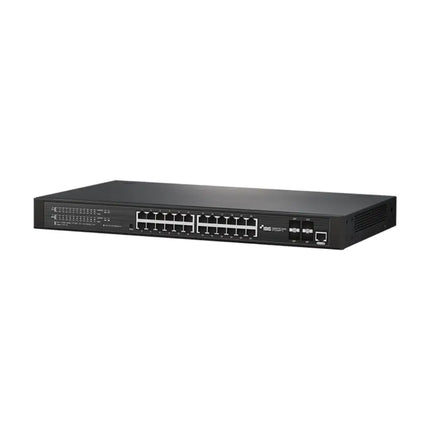 Front view of the IDIS DH-2328PF-A DirectIP 28-port Gigabit network switch showing 24 RJ45 PoE ports and 4 SFP uplink status indicators.