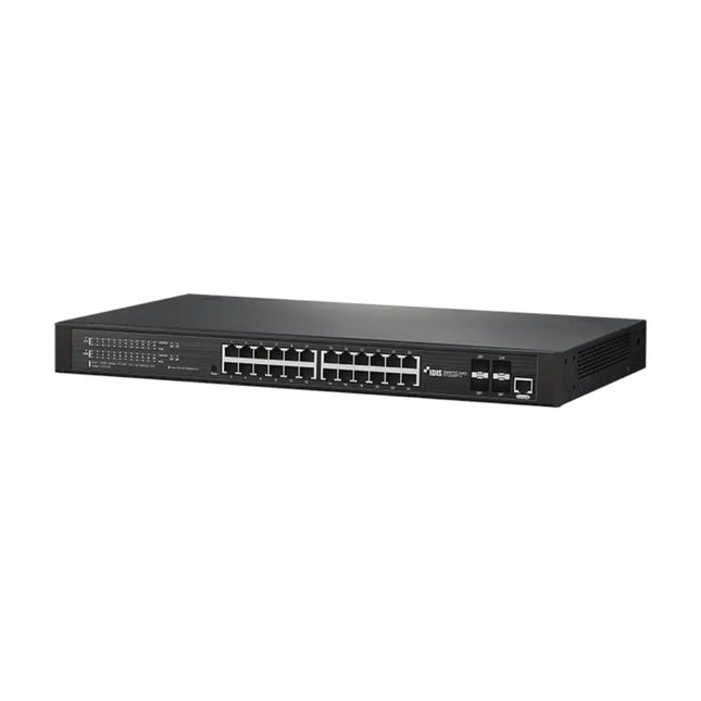 Front view of the IDIS DH-2328PF-A DirectIP 28-port Gigabit network switch showing 24 RJ45 PoE ports and 4 SFP uplink status indicators.