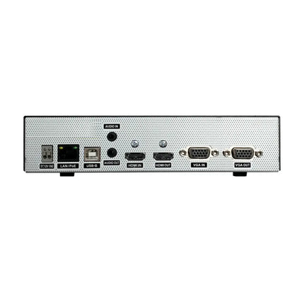 Rear view of IDIS DP-HE1201 encoder showing HDMI, VGA, USB Type-B, and RJ45 network connections.