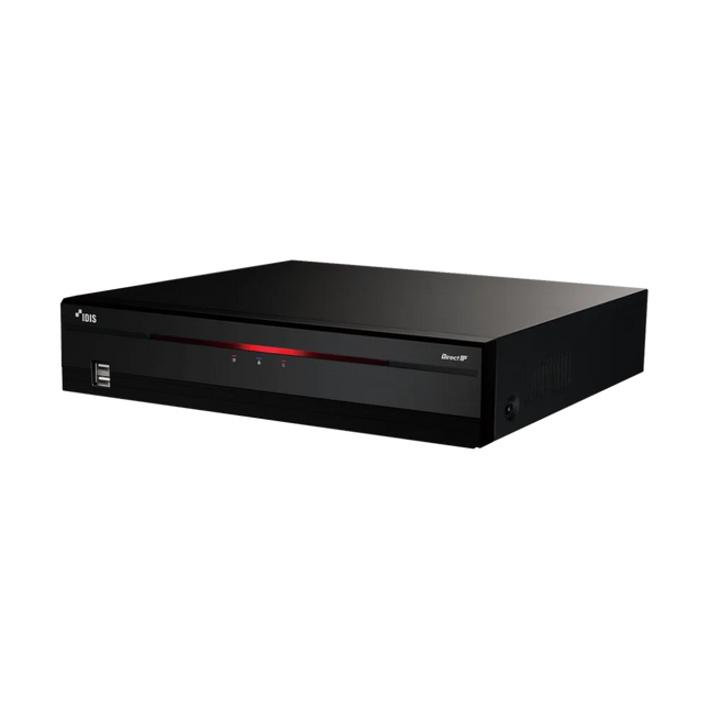 Top angled view of IDIS DR-2516P-A 4K NVR showing compact chassis design, 2x SATA HDD bays and 8-port PoE switch for IDIS DirectIP cameras