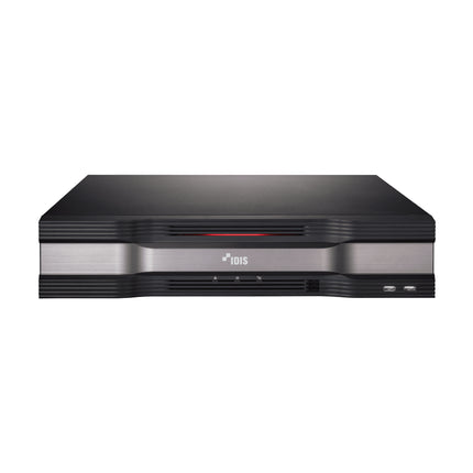 Rear layout view of the IDIS DR-6532P-A NVR detailing the 16 integrated PoE switch ports, dual HDMI outputs, and four external eSATA storage array expansion links.