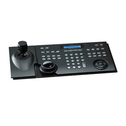 IDIS NK-1200 enterprise network keyboard controller featuring a 3-axis PTZ joystick and built-in LCD screen.