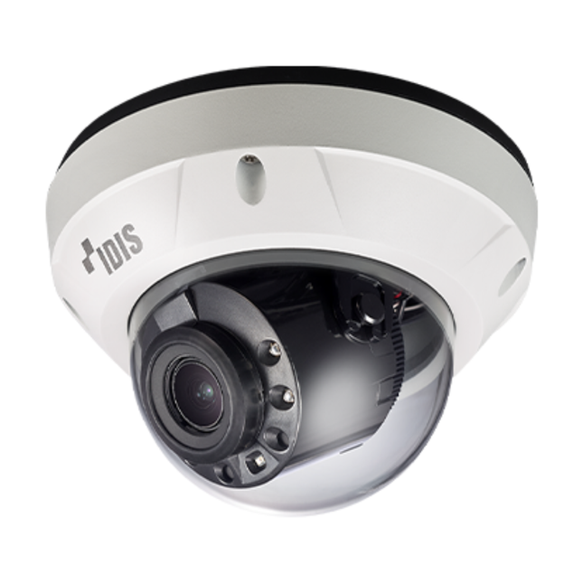 Commercial security application of the IDIS TC-D5532WRX 5MP motorized dome camera installed on an outdoor facility roofline showing its compact form factor.