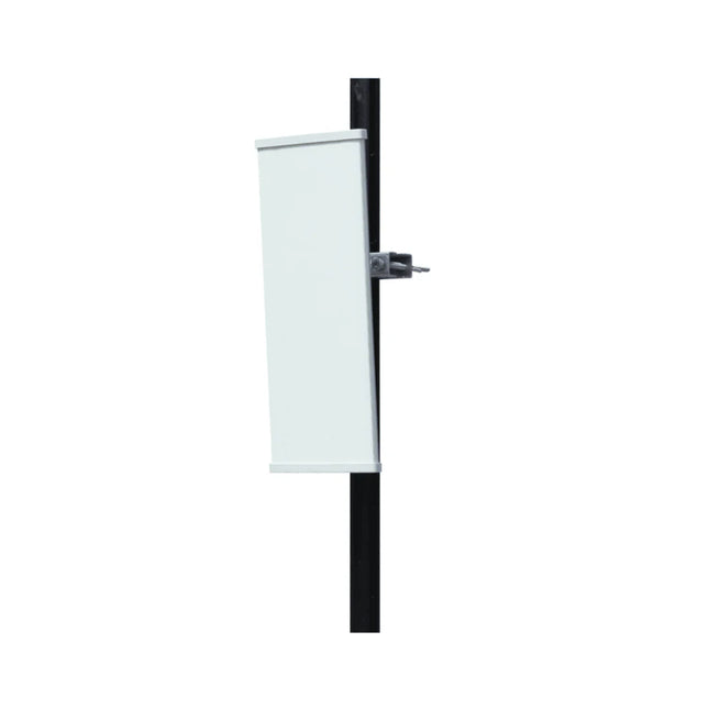 Rear perspective of the IP-COM 5GHz sector antenna mounted to a steel mast, highlighting the heavy-duty mechanical elevation tilt bracket and wireless radio dock.