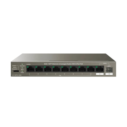 Close-up of the front-facing physical mode toggle on the IP-COM G1110PF-8-102W desktop switch, used to easily switch hardware settings between Standard and hardware VLAN isolation modes.