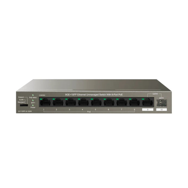 Close-up of the front-facing physical mode toggle on the IP-COM G1110PF-8-102W desktop switch, used to easily switch hardware settings between Standard and hardware VLAN isolation modes.