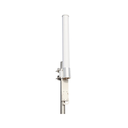 Close-up view of the metallic base of the IP-COM 5GHz omni antenna showcasing dual weatherproof RP-SMA connectors and an integrated quick-snap base station radio bracket.