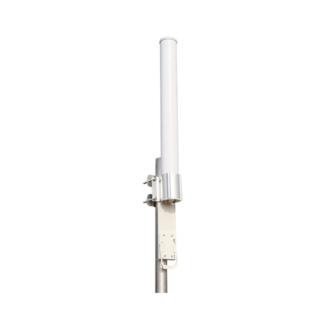 Close-up view of the metallic base of the IP-COM 5GHz omni antenna showcasing dual weatherproof RP-SMA connectors and an integrated quick-snap base station radio bracket.