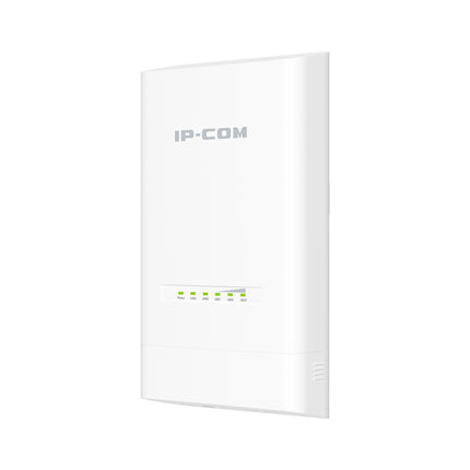 Front studio portrait of the IP-COM CPE12 5GHz 12dBi ipMAX ac gigabit outdoor CPE wireless bridge in a white UV-stabilized chassis.