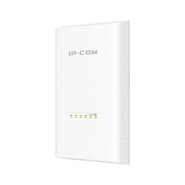 Front studio portrait of the IP-COM CPE12 5GHz 12dBi ipMAX ac gigabit outdoor CPE wireless bridge in a white UV-stabilized chassis.