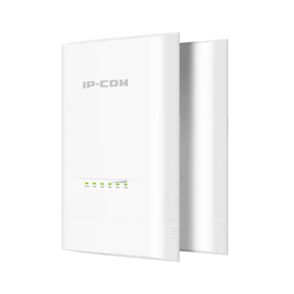 A pair of white IP-COM CPE122 5GHz 12dBi outdoor access points showing the front-facing LED link status and wireless signal strength indicator lights.