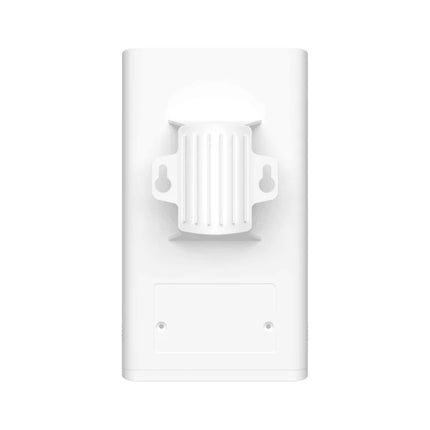 Rear panel view of the IP-COM CPE122 bridge device displaying the curved plastic grooves designed for secure outdoor pole mounting.