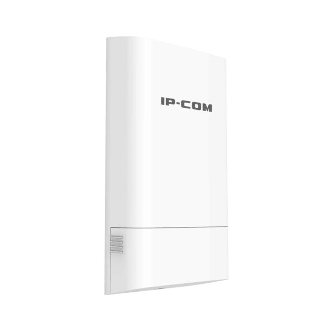 Underside compartment of the IP-COM CPE52 showing the dual 10/100 Mbps Fast Ethernet ports engineered for passive PoE input and data passthrough.
