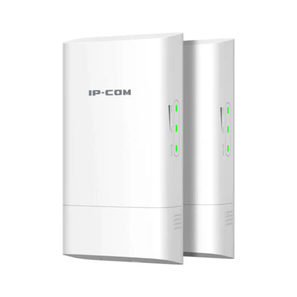 A matched pair of IP-COM CPE52 5GHz 9dBi outdoor wireless CPE access points showing their white weatherproof casings and structural alignment design.