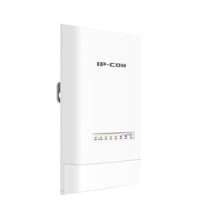Close-up view of the open bottom compartment on the IP-COM CPE6S showcasing the four fast Ethernet ports, reset button, and DC power input.