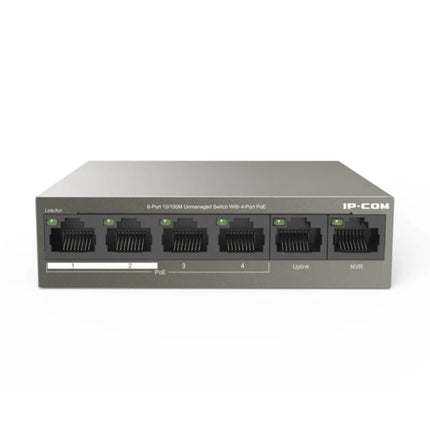 Front view of the IP-COM F1106P-4-63W 6-port unmanaged desktop PoE switch enclosed in its signature dark brown metal housing.