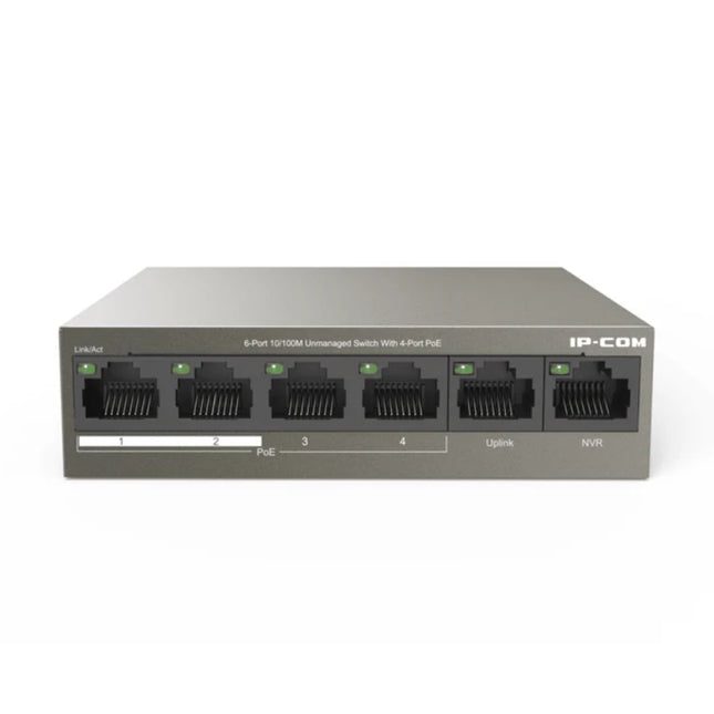 Front view of the IP-COM F1106P-4-63W 6-port unmanaged desktop PoE switch enclosed in its signature dark brown metal housing.