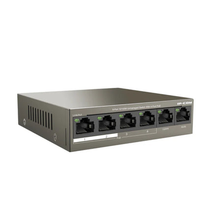 Close-up of the IP-COM F1106P-4-63W port panel showing 4 dedicated 10/100 Mbps PoE ports grouped next to 2 standard network uplink ports.
