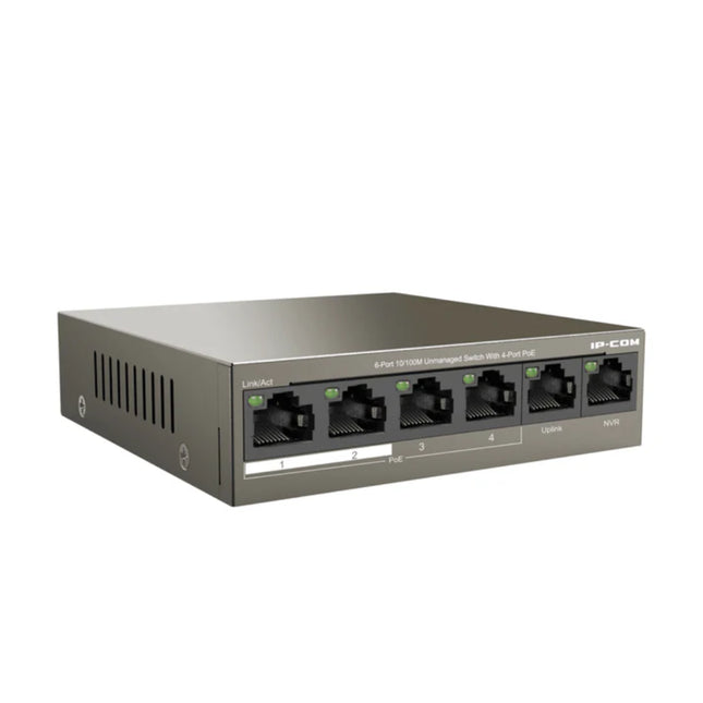 Close-up of the IP-COM F1106P-4-63W port panel showing 4 dedicated 10/100 Mbps PoE ports grouped next to 2 standard network uplink ports.