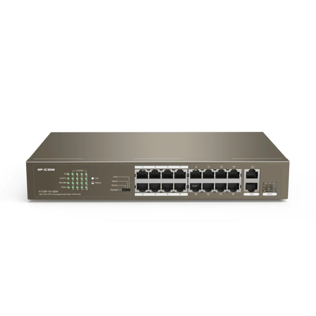 Front view of IP-COM F1118P-16-150W unmanaged network switch showing 16 Fast Ethernet PoE ports, 2 Gigabit combo uplink ports, and LED status indicators.