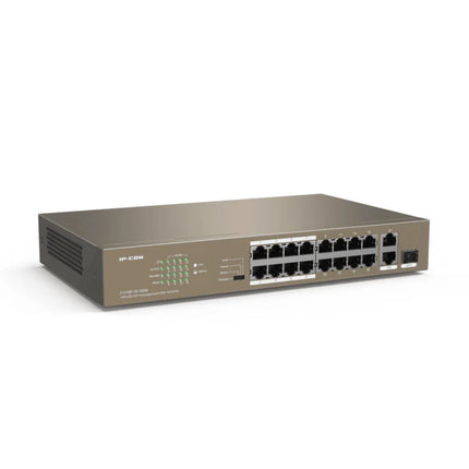 Rear panel of the IP-COM F1118P-16-150W PoE switch displaying the AC power input socket and grounding terminal.