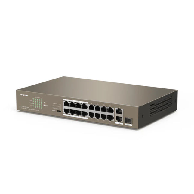 Isometric angled view of the IP-COM F1118P-16-150W 16-port PoE unmanaged rackmount switch highlighting its sturdy black metal housing and ventilation slots.