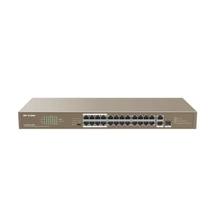Front panel perspective of the IP-COM F1126P-24-250W 24-port unmanaged switch in its deep brown 1U rackmount steel enclosure.