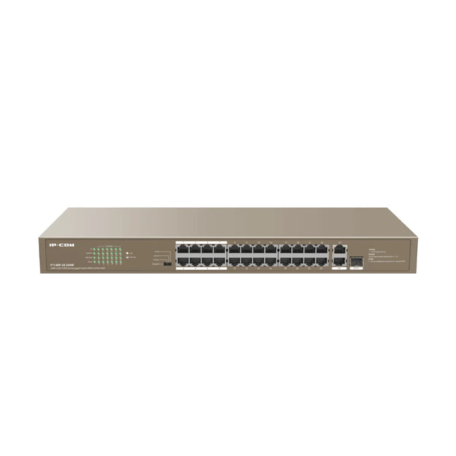 Front panel perspective of the IP-COM F1126P-24-250W 24-port unmanaged switch in its deep brown 1U rackmount steel enclosure.