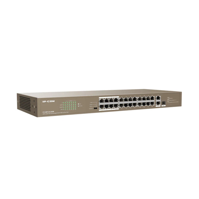 Interface close-up of the IP-COM F1126P-24-250W switch showcasing the row of 24 Fast Ethernet PoE ports alongside dedicated link status LED indicators.