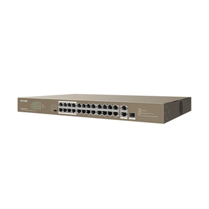 Detail view of the right-hand interface on the IP-COM switch highlighting the 2 Gigabit RJ45 uplink ports and the shared 1000Mbps SFP fiber slot.