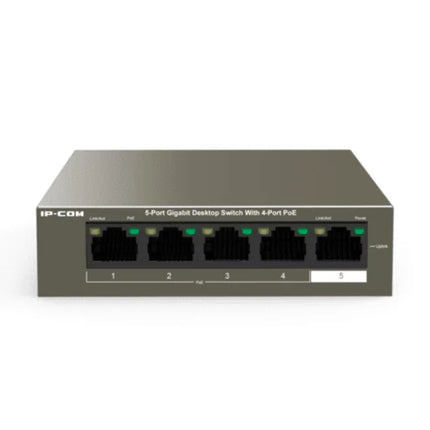 Front view of the IP-COM G1105P-4-63W 5-port Gigabit desktop switch showing its compact dark brown metal casing and front status LEDs.