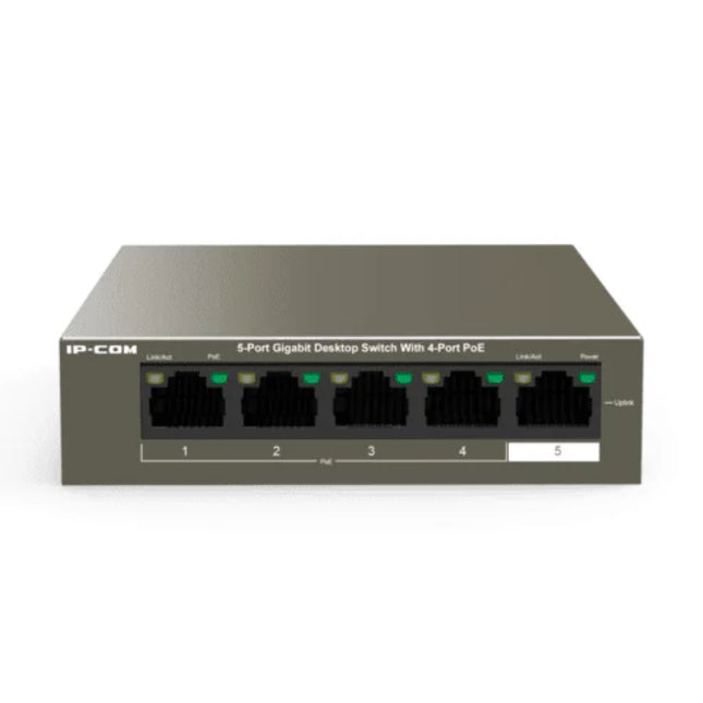 Front view of the IP-COM G1105P-4-63W 5-port Gigabit desktop switch showing its compact dark brown metal casing and front status LEDs.