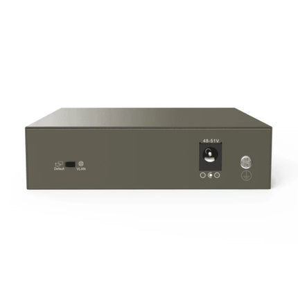 Side angle view of the IP-COM G1105P-4-63W mini network switch highlighting its compact footprint, fanless ventilation design, and integrated 6kV lightning surge protection branding.