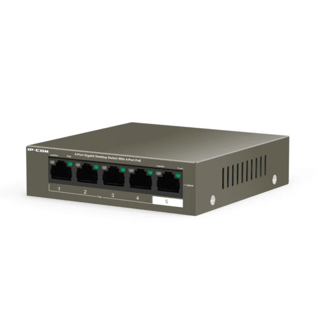 Close-up of the front interface panel on the IP-COM G1105P-4-63W switch showcasing the 4 dedicated 10/100/1000 Mbps PoE ports and 1 Gigabit uplink port.