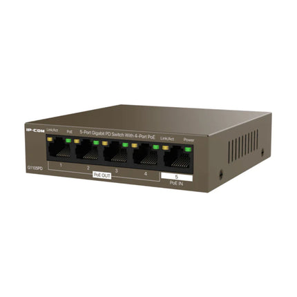 Front profile layout of the IP-COM G1105PD unmanaged 5-port Gigabit Ethernet switch inside its compact, fanless black metal desktop enclosure.