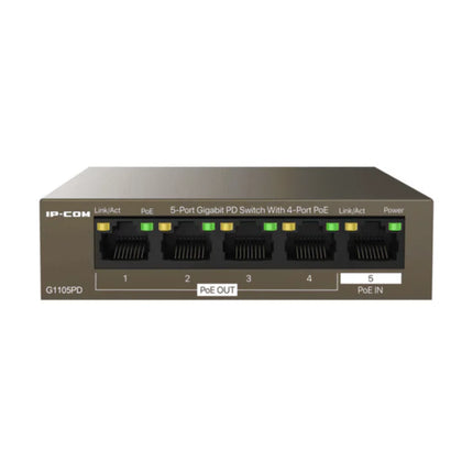 Interface port array of the G1105PD switch, highlighting the unique Port 5 designated for 802.3af/at PoE input alongside Ports 1 to 4 configured for 802.3af PoE output.