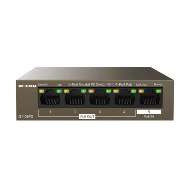 Interface port array of the G1105PD switch, highlighting the unique Port 5 designated for 802.3af/at PoE input alongside Ports 1 to 4 configured for 802.3af PoE output.