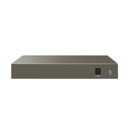 Perspective studio shot of the compact, rugged dark metallic housing of the IP-COM G1110PF-8-102W 102W PoE switch, optimized for desktop placement or custom wall-mount setups.