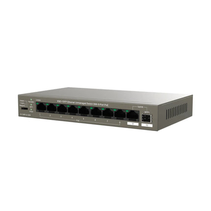 Front panel of the IP-COM G1110PF-8-102W unmanaged network switch showing 8 Gigabit Ethernet PoE ports, 1 dedicated Gigabit RJ45 uplink port, 1 SFP fiber uplink slot, and diagnostic system LEDs.