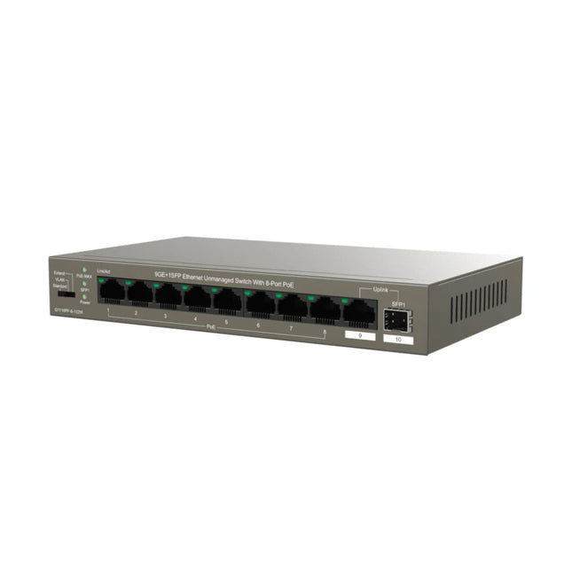 Front panel of the IP-COM G1110PF-8-102W unmanaged network switch showing 8 Gigabit Ethernet PoE ports, 1 dedicated Gigabit RJ45 uplink port, 1 SFP fiber uplink slot, and diagnostic system LEDs.