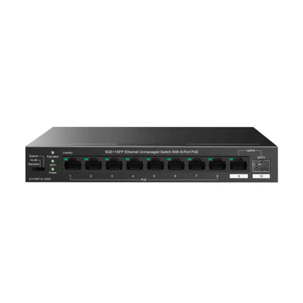 Front view of the IP-COM G1110PF-8-120W 10-port desktop network switch showing its black metal casing, status LED panel, and interface configuration.
