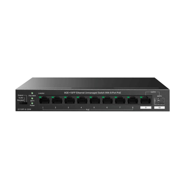 Front view of the IP-COM G1110PF-8-120W 10-port desktop network switch showing its black metal casing, status LED panel, and interface configuration.