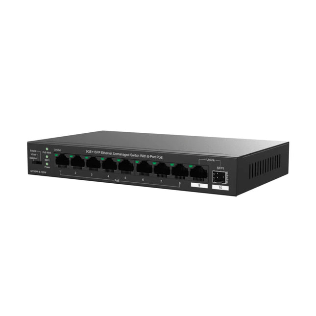 Front panel close-up of the IP-COM G1110PF-8-120W switch highlighting the 8 Gigabit PoE+ ports alongside a physical three-mode toggle DIP switch for Standard, VLAN, and Extend configurations.