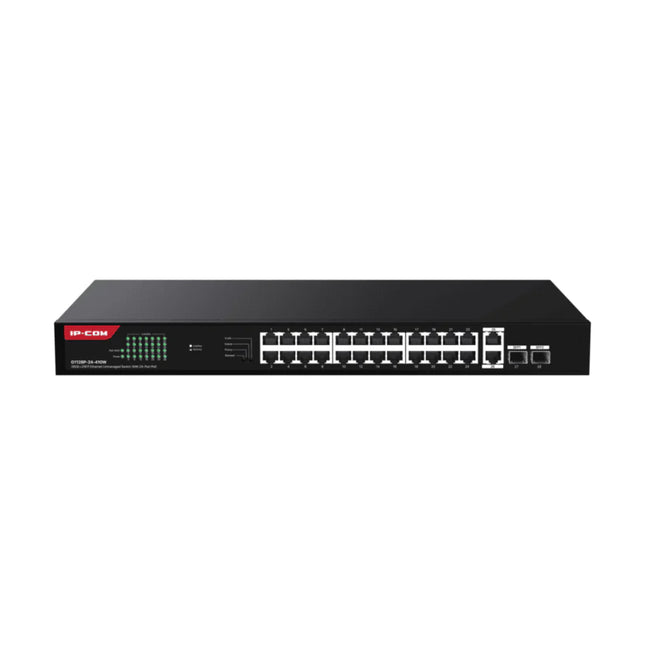 Front perspective of the high-capacity IP-COM G1128P-24-410W 24-port unmanaged Gigabit PoE switch inside its heavy-duty dark brown 1U rackmount steel enclosure.