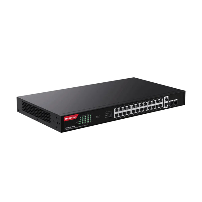 Close-up of the dense front console on the IP-COM G1128P-24-410W switch showcasing the rows of 24 full-Gigabit Ethernet PoE+ ports with individual link LED indicators.